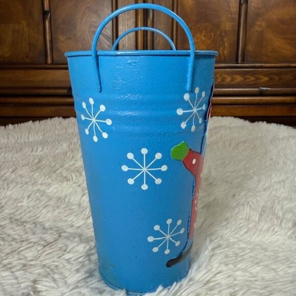 Vintage Blue Metal Snowman and Snowflakes Tall Handled Painted Pail - Picture 5 of 9